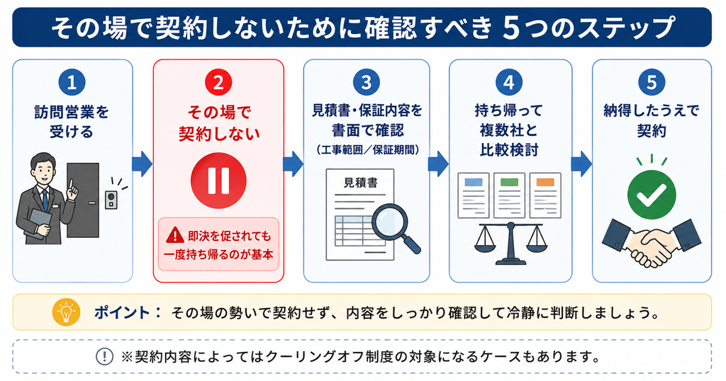 訪問営業を受けた際にその場で契約しないための確認手順を5ステップで示した図