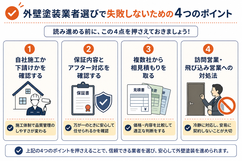 外壁塗装業者選びで失敗しないための4つの確認ポイントを示す図