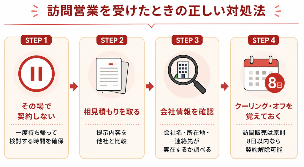 訪問営業を受けたときの対処法を示す4ステップ図
