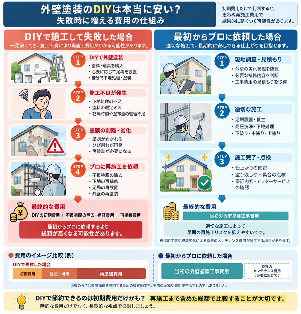 外壁塗装をDIYで失敗した場合と最初からプロに依頼した場合を比較し、施工不良による補修・再塗装費用の発生と総額の違いを示した図解。