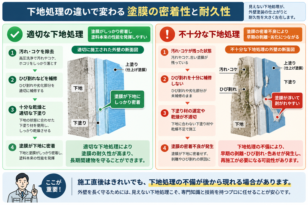 適切な下地処理と不十分な下地処理を左右で比較し、洗浄・補修・乾燥・下塗りの違いが塗膜の密着性や耐久性に与える影響を示した図解。