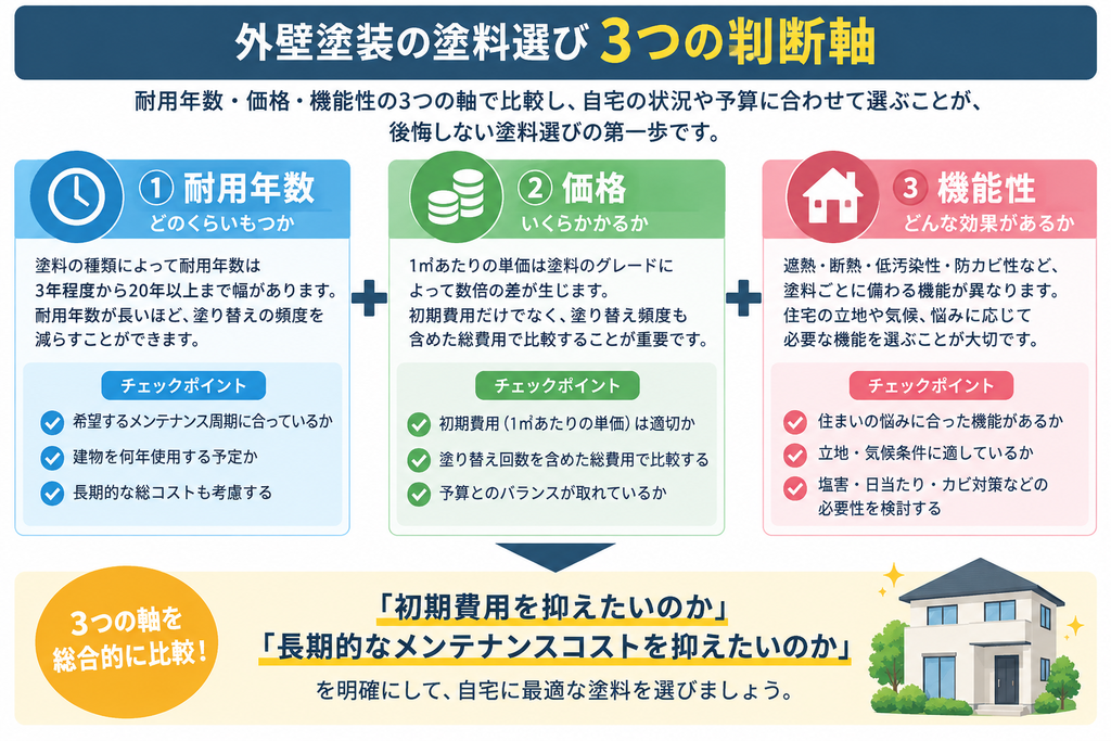 外壁塗装の塗料選びで重要な耐用年数・価格・機能性の3つの判断軸と、それぞれの確認ポイントを示した図解。