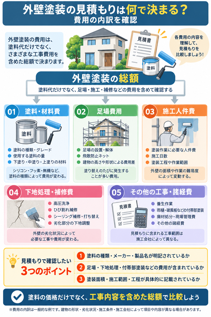 外壁塗装の総額を構成する塗料・材料費、足場費用、施工人件費、下地処理・補修費、その他の工事・諸経費を示した図解。